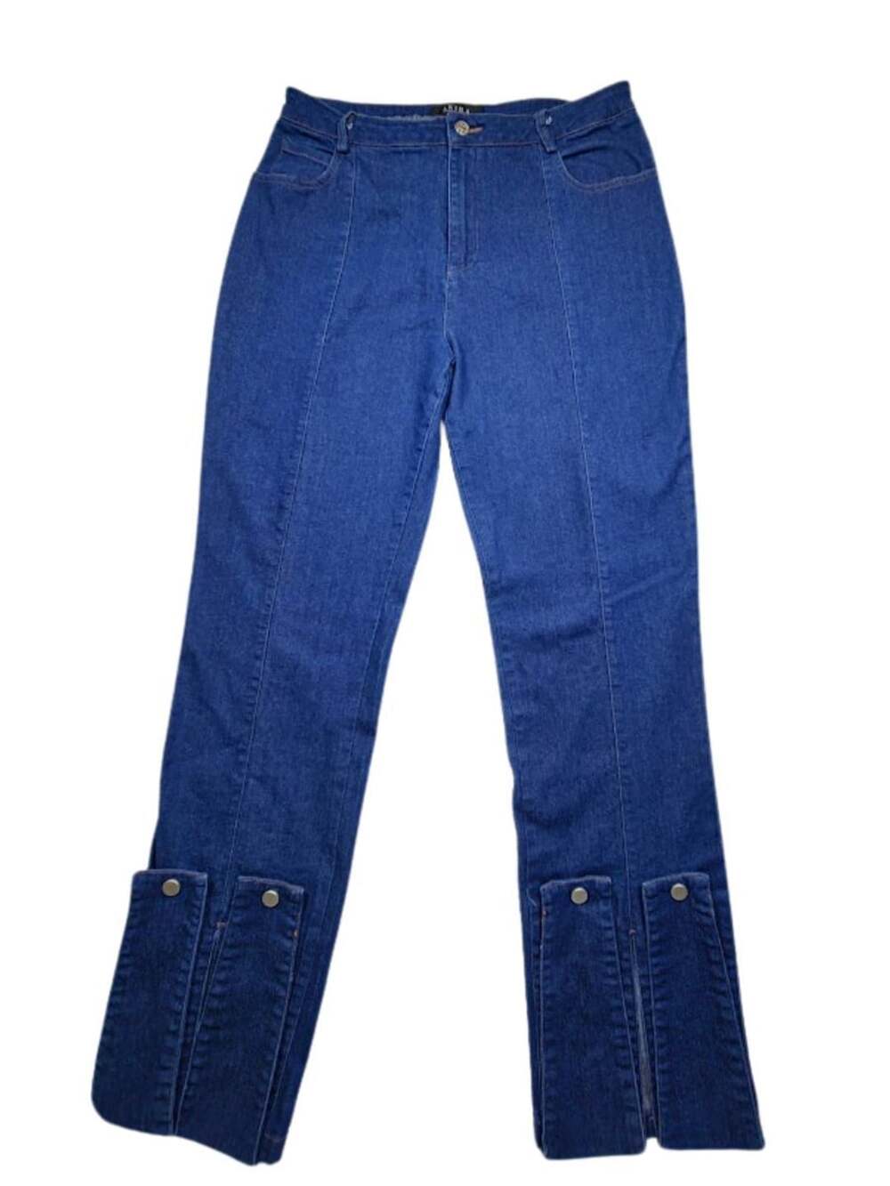 AKIRA XL Blue Denim High-Waisted Pintuck Jeans with Snap Button Split Ankle Y2K